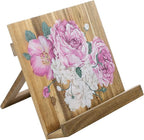 MyGift Premium Acacia Wood Cookbook Holder Stand with Hand Painted Floral Design, Kitchen Countertop Recipe Book Stand, Reading Textbook and Tablet Holder with Foldable Kickstand