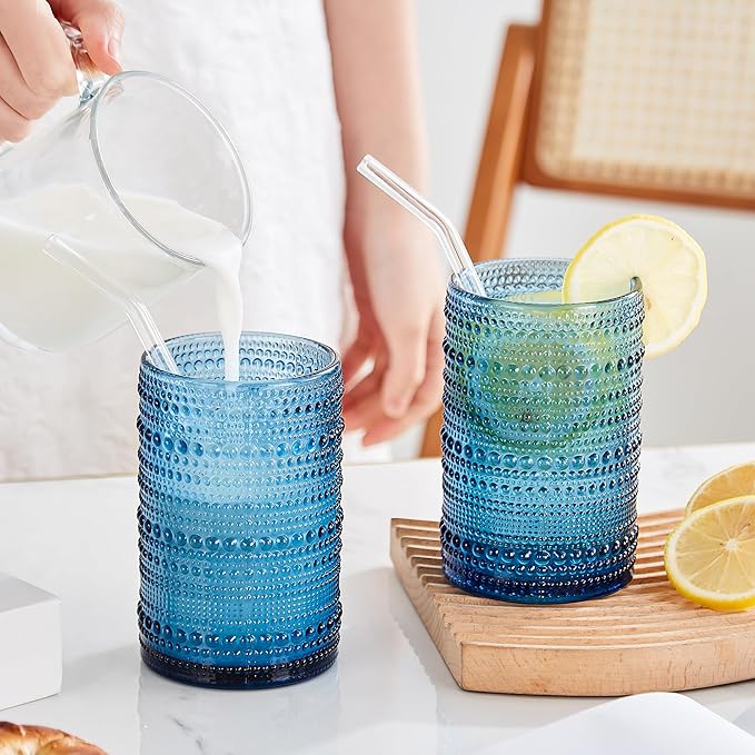 15 oz Blue Hobnail Drinking Glasses with Straws Set of 6, Vintage Glassware Old Fashioned Beverage Glasses, Cocktail Glass Set, Kitchen Water Glasses Cup, for Beer, Smoothie, Juice