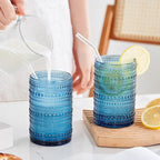 15 oz Blue Hobnail Drinking Glasses with Straws Set of 6, Vintage Glassware Old Fashioned Beverage Glasses, Cocktail Glass Set, Kitchen Water Glasses Cup, for Beer, Smoothie, Juice