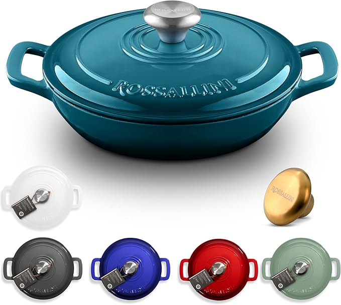 Signature Enameled Cast Iron Braiser, Non-Stick Serving Pot with Tight Fitting Lid for Perfect Roasting, Baking, Sauteing, Searing, and Pan Frying | 1.5Q (1.4L) - Ocean Blue