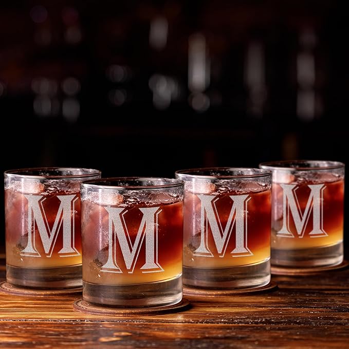 (L-Monogram)- 4 Piece Set of 11 Ounce Engraved Heavy Base Rocks Glasses Elegant Glass-Multi-Purpose Beverage-Rocks Glass- Gift for any Occasion- By: On The Rox