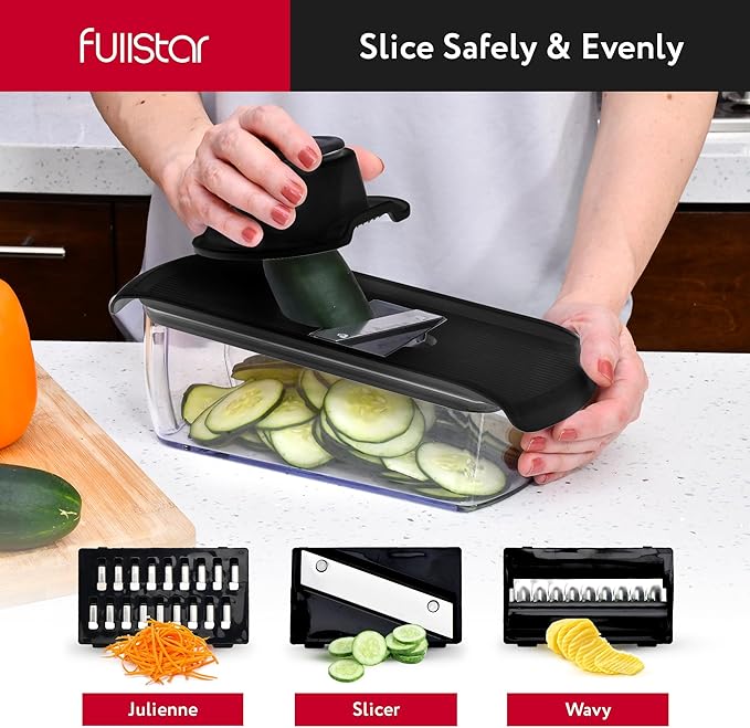 Fullstar Mandoline Slicer for Kitchen - Vegetable Chopper, Onion Potato Food Veggie Fruit Slicer and Cutter with Container, Kitchen Gadgets & Accessories, Home Essentials (All in 1, Black)