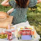 FlowFly Insulated Reusable Lunch Bag Adult Large Lunch Box for Women and Men with Adjustable Shoulder Strap,Front Zipper Pocket and Dual Large Mesh Side Pockets,Clear#Biege