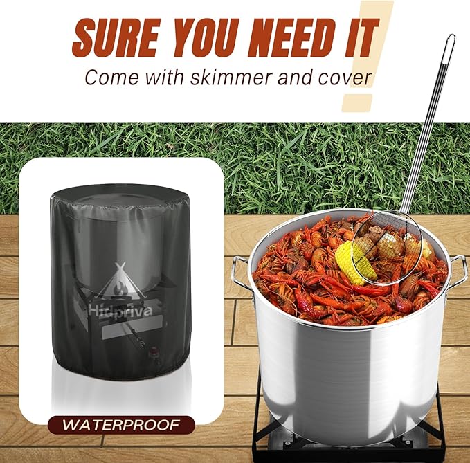 50QT Crawfish Boiler Kit, Waterproof Cover & 12-inch Skimmer, 110,000BTU Propane Burner Stove, 0-20PSIG Regulator, Aluminum Seafood Boil Pot, Crab Boil Pot with Basket