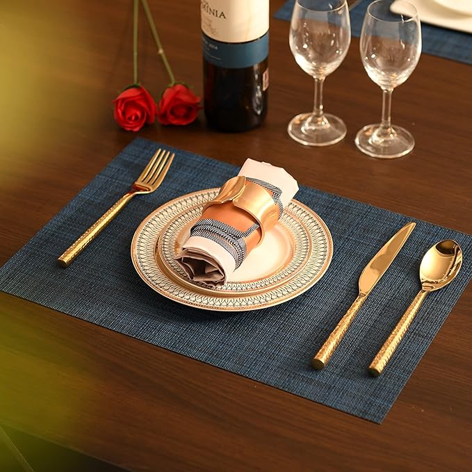 Navy Blue Placemats Set of 4 - Easy Clean Washable Vinyl Placemats - Wipeable Heat Resistant Table Mats for Dining Table - 17x12 Inch (Navy Blue, 4)