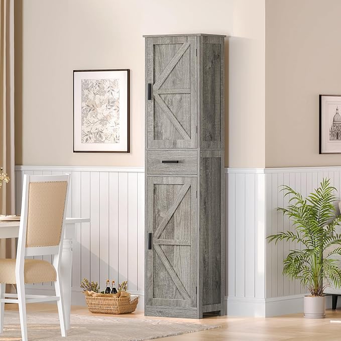 WEENFON Tall Storage Cabinet, Bathroom Cabinet with 6 Shelves & Drawer, Narrow Storage Cabinet with Adjustable Shelves, Tall Cabinet for Living Room, Home Office, Rustic Gray