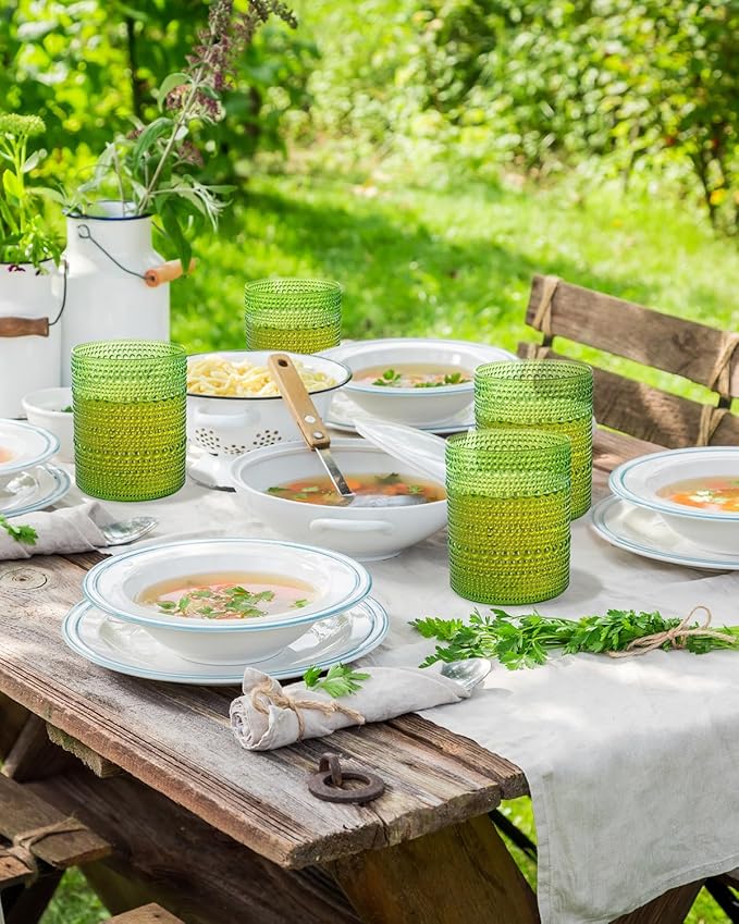 18PCS Hobnail Plastic Drinking Glasses - 14Oz Beaded Glasses Drinkware Set Disposable - Green Vintage Plastic Bubble Glassware for Beer, Juice, Cocktail, Whiskey, Milk and Various Mixed Drinks