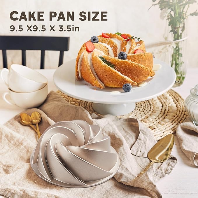 KITESSENSU Non-Stick Cake Pan, 9.5-Inch Aluminum Cake Mold, 10 Cup Fluted Heavy Duty Tube Pan, Durable Rust & Scratch-Resistant, Baking Mold for Jello, Gelatin, Chocoflan, Flan, Marissa, Gold