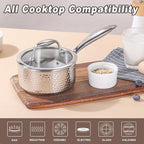 1-Quart Saucepan with Lid, Tri-Ply Stainless Steel Pot with Stay-Cool Handle & All Cooktop Compatibility (Gas, Ceramic, Electric) - Silver Hammered