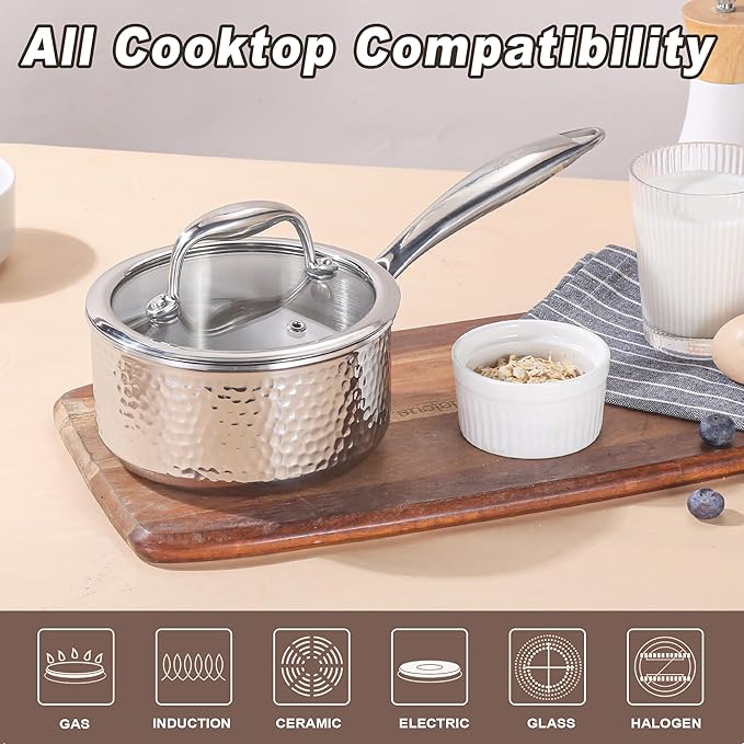 1-Quart Saucepan with Lid, Tri-Ply Stainless Steel Pot with Stay-Cool Handle & All Cooktop Compatibility (Gas, Ceramic, Electric) - Silver Hammered