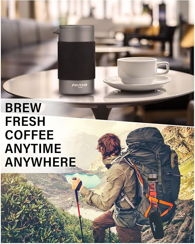 POLIVIAR French Press Coffee Maker, 12 oz Portable French Press with Mini Canister and Collection Bag, Double Wall Insulation & Dual- Filter Screen, Food Grade Stainless Steel for Coffee