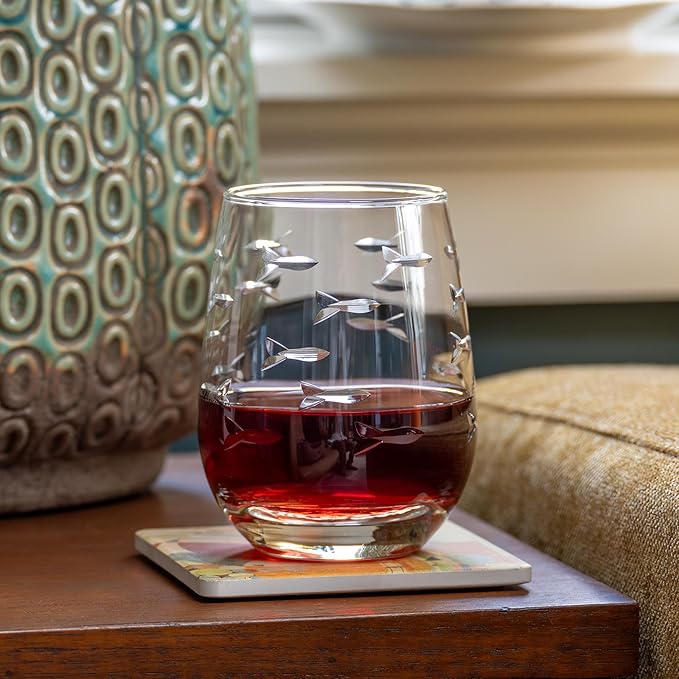 Rolf Glass School of Fish Clear Stemless Wine Glass | Set of 2 Stemless Glasses | 15oz Glass Tumblers | Engraved Lead-Free Coastal Glassware | Made in the USA
