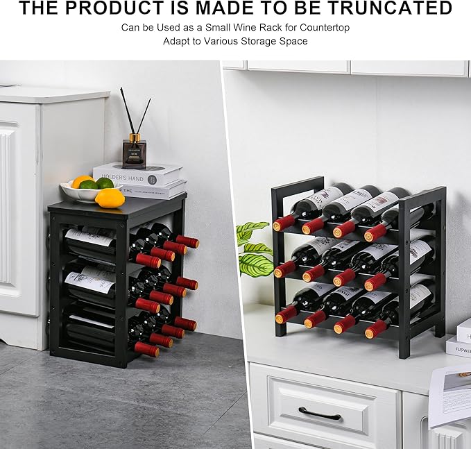 VASMIA Wine Rack Freestanding Floor, 6-Tier Display Wine Storage Shelves with Table Top, 24-Botttle Bamboo Wine Rack Shelf for Kitchen Bar Dining Room Living Room, Black