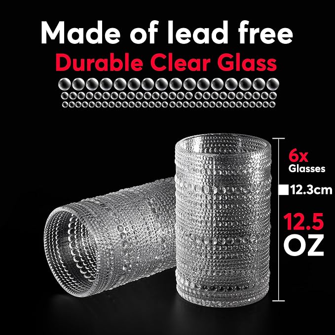 Hobnail Drinking Glasses, Vintage Glassware Set of 6, Vintage Drinking Glasses 12.5 oz, Bubble Glasses Drinking, Hobnail Glasses, Vintage Glass Cups, Jupiter Glasses for Juice, Soda, Beer, Whisky