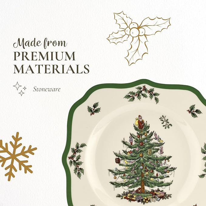 Spode Christmas Tree Scalloped Salad Plate - Holiday-Themed Stoneware Appetizer Plate - 9 Inch Christmas Dinner Dish Featuring Colorful Gifts & Mistletoe Accents - Dishwasher & Microwave Safe