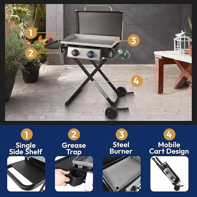 Razor Griddle GGC2030M 25 Inch Outdoor 2 Burner Portable LP Propane Gas Grill Griddle with Top Cover, Wheels, & Storage Shelf for BBQ Cooking, Black