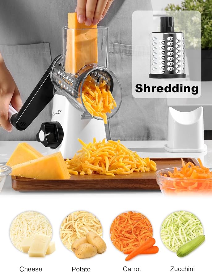 Cheese Grater Rotary, Rotary Grater for Kitchen, Kitchen Grater Vegetable Slicer with 3 Drum Blades, Fast Cutting Cheese Shredder for Vegetables and Nuts