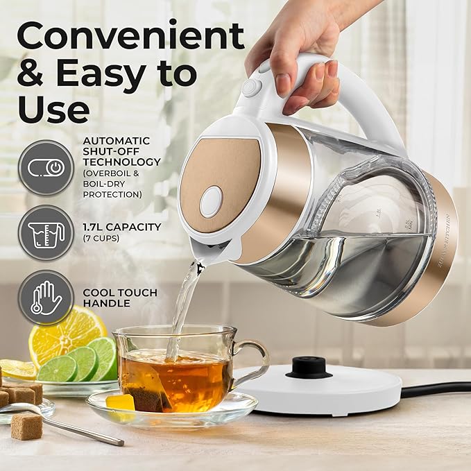 Zulay Kitchen Fast Boiling Electric Water Kettle - 1.7L, 1500W, Auto Shut-Off for Overboil & Boil Dry Protection, Cool-Touch Handle, 360° Base - Rapid Teapot Boiler For Coffee & Tea - White Copper