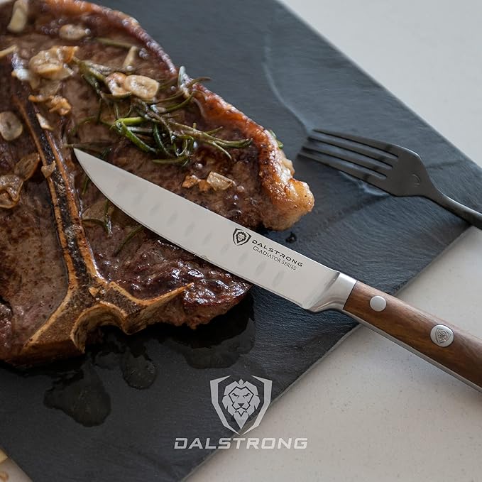 Dalstrong Steak Knife Set-4pc 5" Straight Blade Edge-Gladiator Series-Forged German High-Carbon Steel-w/Sheaths-Olive ABS Handle-Dinner Set Kitchen Knives