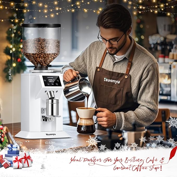 Huanyu Professional Coffee Grinder with 74mm Flat Burr 53ounce Bean Hopper 15 Infinite Grinding Settings Electric Coffee Grinder with Touching Screen White