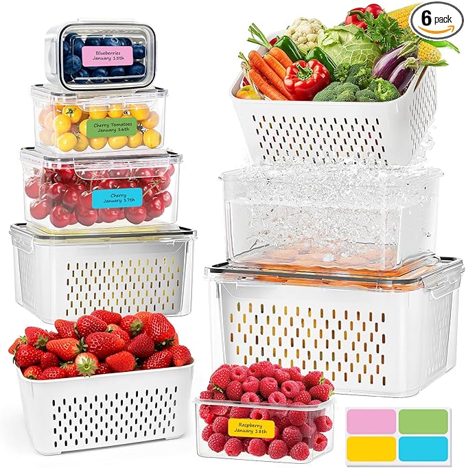 Large Fruit Containers for Fridge, Airtight Food Storage Containers with Removable Colander, Dishwasher and Microwave Safe, Berry Produce Container Keep Fruits, Vegetables, Meat Fresh Longer, 6 Pcs