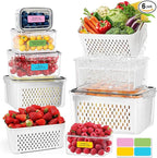 Large Fruit Containers for Fridge, Airtight Food Storage Containers with Removable Colander, Dishwasher and Microwave Safe, Berry Produce Container Keep Fruits, Vegetables, Meat Fresh Longer, 6 Pcs