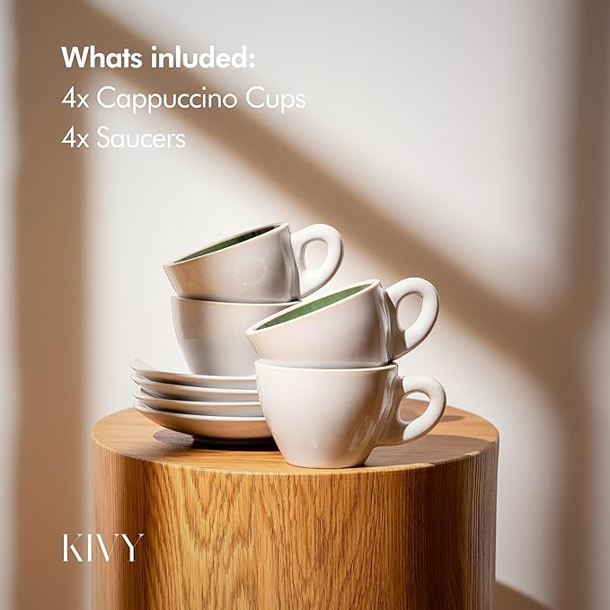 KIVY Cappuccino cups [4x 8oz] - Thick-walled stoneware cappuccino cup set for latte art - Latte mugs - Latte cup set - Small coffee cups - Latte art cup - Ceramic latte cup and saucer set of 4