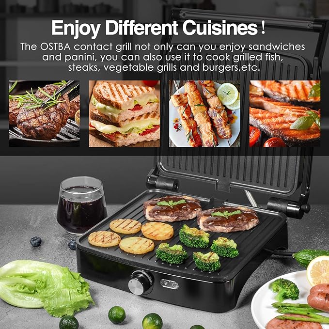 OSTBA Panini Press Grill with Adjustable Temperature, 4-Slice Indoor Grill, 180° Open Sandwich Maker with Drip Tray, Non-Stick Plates, Stainless Steel, 1200W