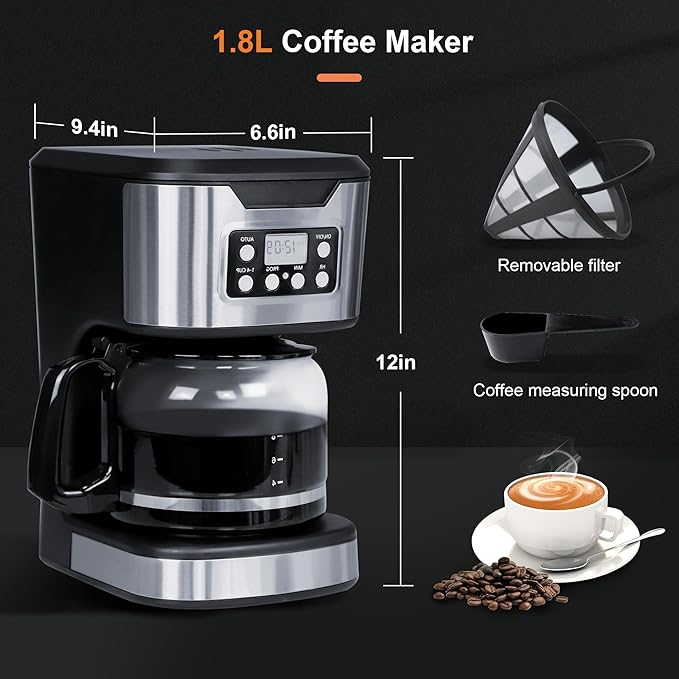 Programmable Coffee Maker 12 Cup Brew & Drip coffee machine, Fully Automatic, 1-4 Cup Setting, Stainless Steel, Keep- Warm Function, Household, Home and Office