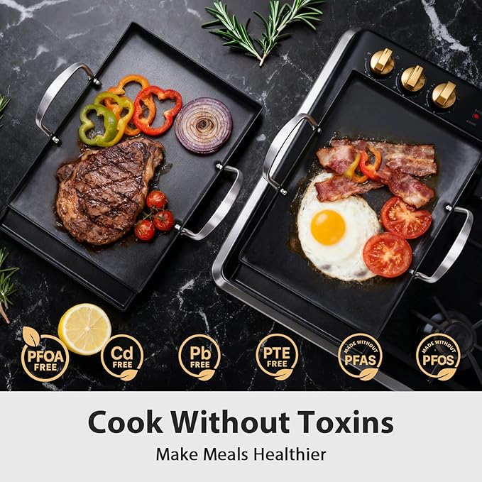 Utheer 16.5" x 10" Ceramic Nonstick Stainless Steel Griddle for Gas, Charcoal & Grill, Large Stove Top Griddle, Non-Toxic, PFAS/PFOA/PTFE Free, Oven Up to 500°F, for BBQ, Camping & Kitchen