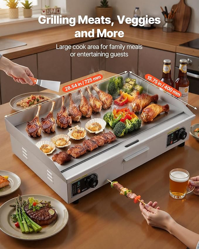 VEVOR Commercial Electric Griddle, 28.54 x 15.75 inches, 4400W, 122-570°F Adjustable Temp Control, Stainless Steel Body, Half Grooved Half Flat, with 2 Spatulas, 2 Brushes, and 4 Foot Pads, for Steak