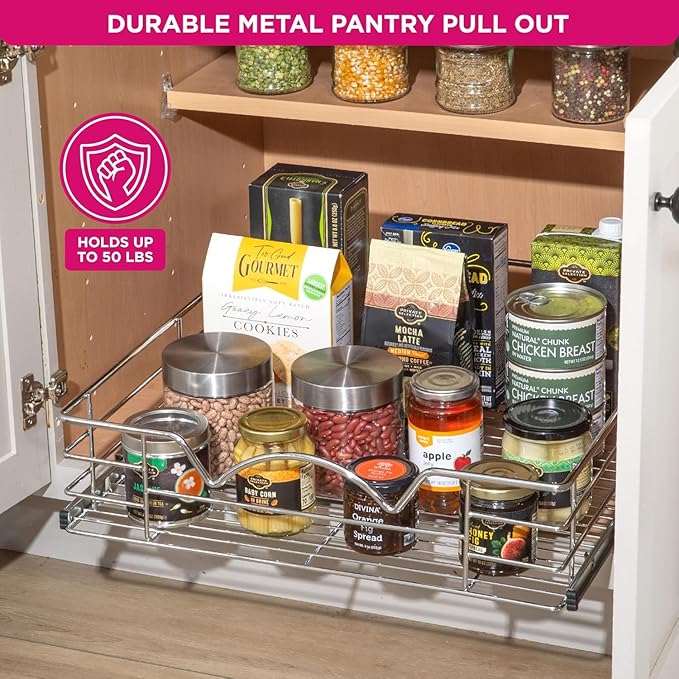 HOLDN’ STORAGE Pull Out Cabinet Organizer, Individual Sliding Drawers - Heavy Duty Metal with Lifetime Limited Warranty - Anti Rust Chrome Finish (Single Tier, 20" W)