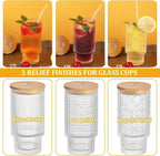 Glass Cups Set with Straw/Bamboo Lid,12 oz Stackable Serving Drinking Glasses, Ideal for Whiskey/Cocktails/Juice/Coffee/Beer, Dishwasher Safe,3 Patterns of Vintage Glassware Sets.(6 Pcs)