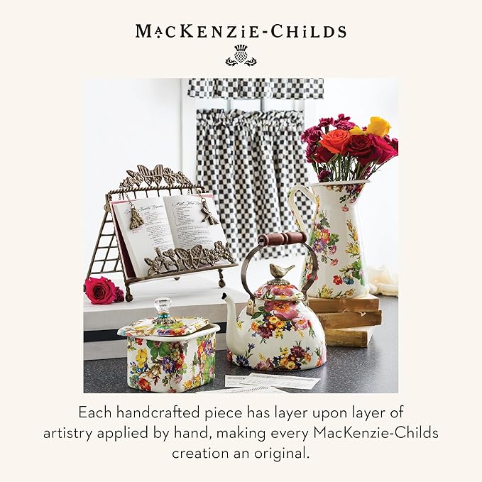 MACKENZIE-CHILDS Enamel Tea Kettle, Cute Kitchen Kettle for Stovetop, 3-Quart Capacity, White Flower Market with Bird Topper