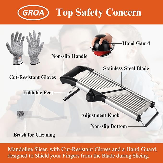 GROA Mandoline Slicer For Kitchen- Mandolin Potato Slicer Onion Slicer Veggie Slicer Tomato Slicer in Kitchen Essentials with Resistant Gloves- Adjustable Stainless Steel Vegetables Slicer Food Slicer