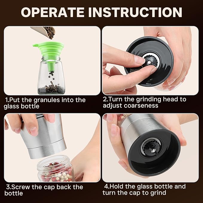 Stainless Steel Salt and Pepper Grinder Set of 2 - Pepper Mill & Salt Mill with Adjustable Coarseness - Glass Spice Shakers - Easy Clean Ceramic Grinders W/Funnel (2.6"W x 5.3"H)