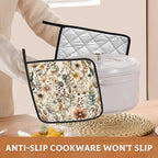 2PCS Boho Watercolor Floral Pot Holder with Loop,Heat Resistant Oven Pads,Hot Pat for Kitchen Cooking Baking Food