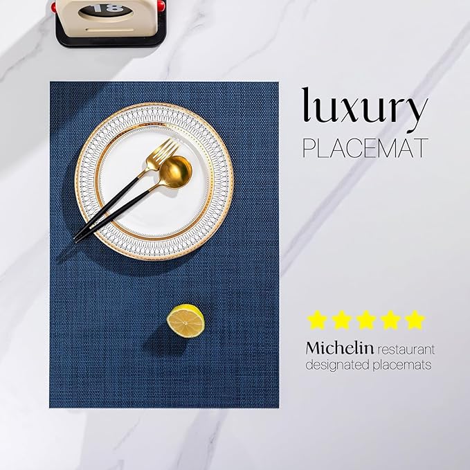LEXMORE PlaceMats Set of 12 Vinyl/Plastic Woven Place Mats for Kitchen Table Indoor/Outdoor Washable PlaceMats Wipeable Dining Table Mats(Navy Blue)