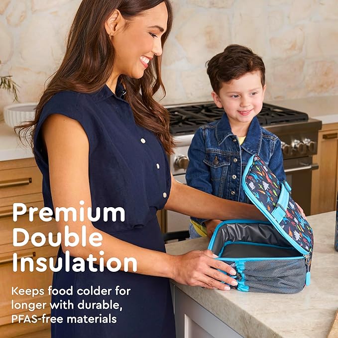 Bentgo Kids Lunch Bag - Durable, Double-Insulated Lunch Bag for Kids 3+; Holds Lunch Box, Water Bottle, & Snacks; Easy-Clean Water-Resistant Fabric & Multiple Zippered Pockets (Dinosaur)