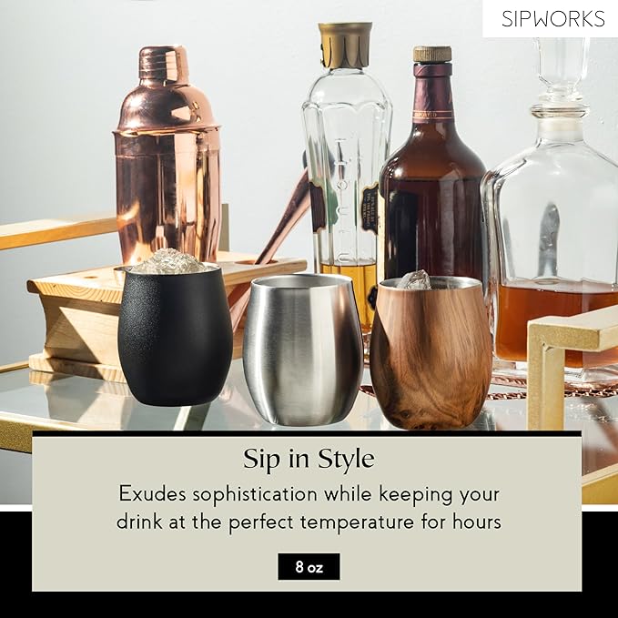 Sipworks Insulated Whiskey Tumbler - 8 oz Stainless Steel Bourbon Lowball Tumbler with Double Walled Vacuum Insulation - Spill Resistant Cocktail Nosing Glass Mug | Travel & Parties - Midnight Black