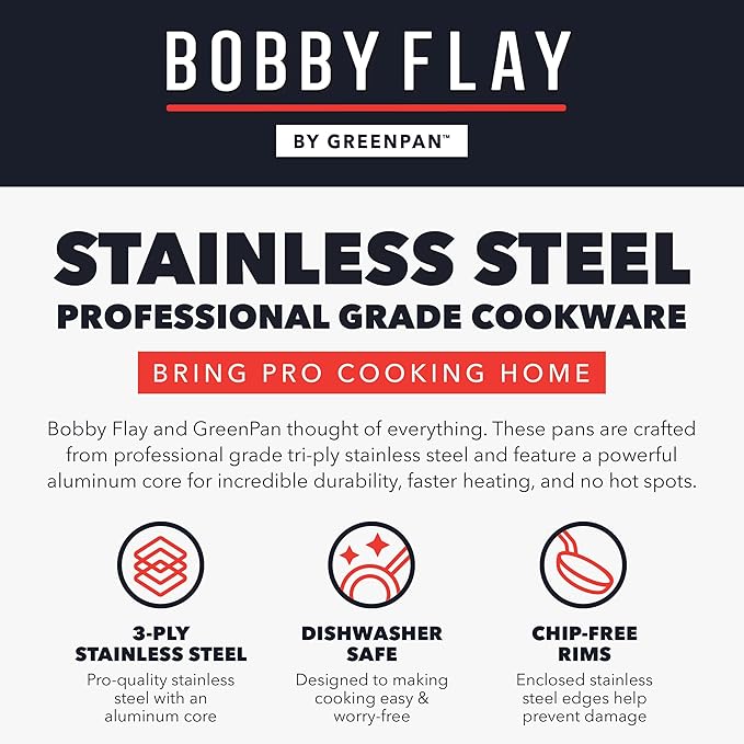 GreenPan x Bobby Flay Stainless Steel 12 Piece Cookware Pots and Pans Set and 8" Chef's Knife, Professional Grade Tri Ply, PFAS-Free Ceramic Nonstick, Induction Suitable, Dishwasher & Oven Safe