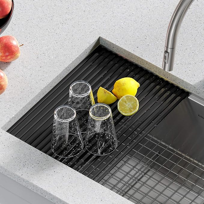 Kraus Multipurpose Workstation Sink Roll-Up Dish Drying Rack, Colander and Trivet in Black, KRM-11BL (Pack of 2)