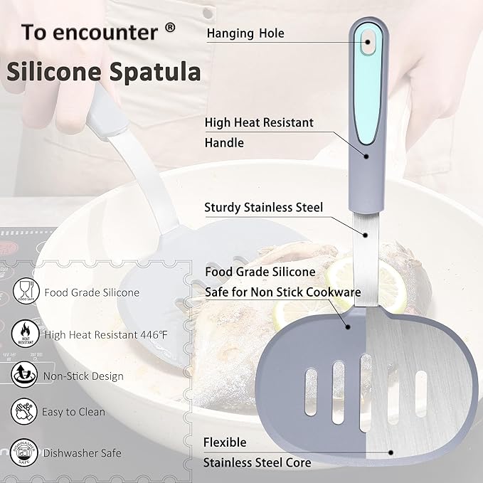 To encounter 2 Pieces Silicone Spatula set, Non-Stick Turner Spatulas, Heat Resistant Silicone Cooking Flipper for Eggs, Fish, Pancakes, Light Grey