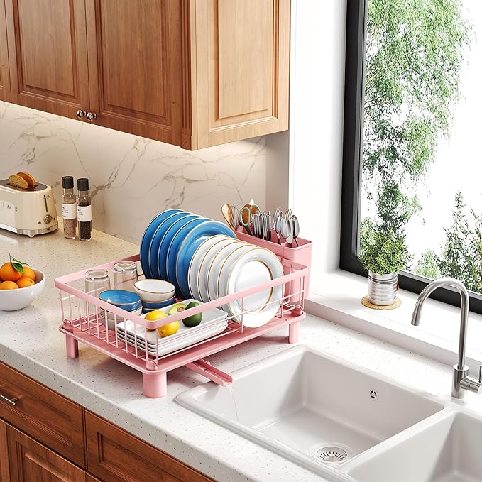 Dish Drying Rack - Small Dish Rack for Kitchen Counter, Stainless Steel Dish Drainer with Utensil Holder and Drainboard (Pink)