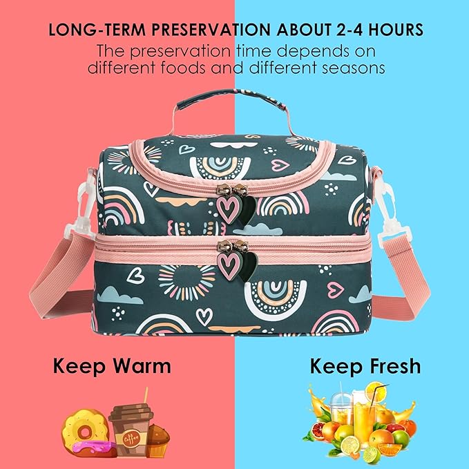 Insulated Kids Dual Compartment Lunch Bags Tote Pack for Girls Boys Toddler Kindergarten School Picnic Cooler Thermal Lunch Boxes with Strap (Green Rainbow)