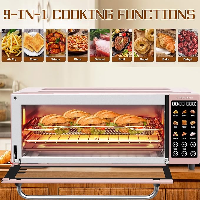 SEEDEEM 9-in-1 Air Fryer Oven, 16-Quart Countertop Convection Oven with Toaster, Broil, Pizza, Dehydrator, Large Capacity Kitchen Appliance in Pink, Silver, Black