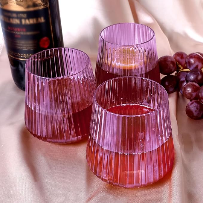 40 Pack Plastic Ribbed Wine Glasses, 14Oz Origami Disposable Wine Glasses Unbreakable Clear Plastic Cocktail Glasses Recyclable Shatterproof Reusable Wine Cups (14oz-purple-40pack)