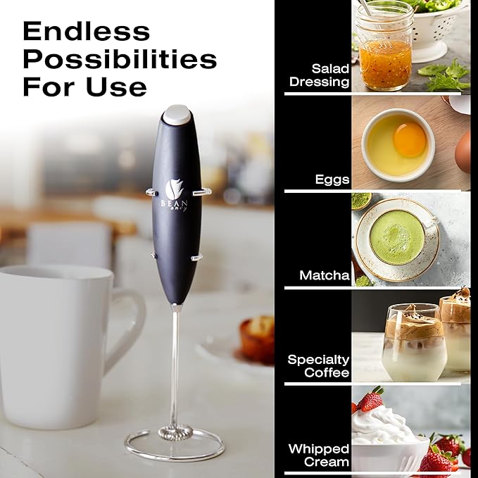 Bean Envy Milk Frother Handheld for Coffee - Mini Drink Mixer Whisk & Coffee Foamer Wand with Stand for Lattes, Cappuccino, Matcha and Hot Chocolate - Kitchen Gifts - Black
