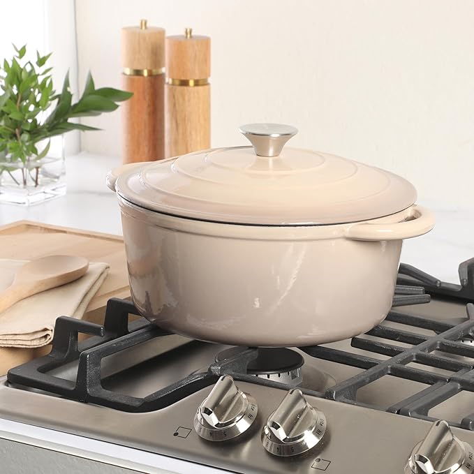 Gibson Home Addlestone 5 Qt Enameled Cast Iron Dutch Oven Pot with Lid – Round, Oven Safe to 500°F, Ideal for Bread Baking & Stews - Gradient Taupe