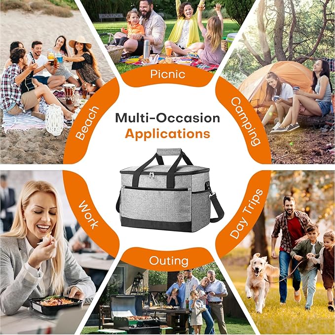 Collapsible Cooler Bags Insulated, 48 Cans Soft Cooler with Front Zipper Pocket & Shoulder Strap, Portable Leakproof Soft Sided Coolers for Camping/Beach/Picnic/Travel - Grey